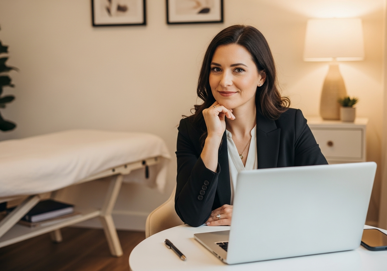 Therapist in a calm, modern office — present and focused